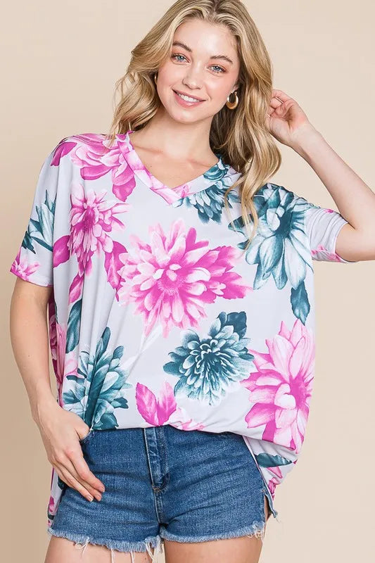 Trendsi BOMBOM floral V-neck short sleeve T-shirt with colorful floral pattern on soft fabric.