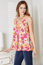 Double Take Floral Cami by Trendsi featuring scoop neck, ruffle hem, and vibrant floral print.