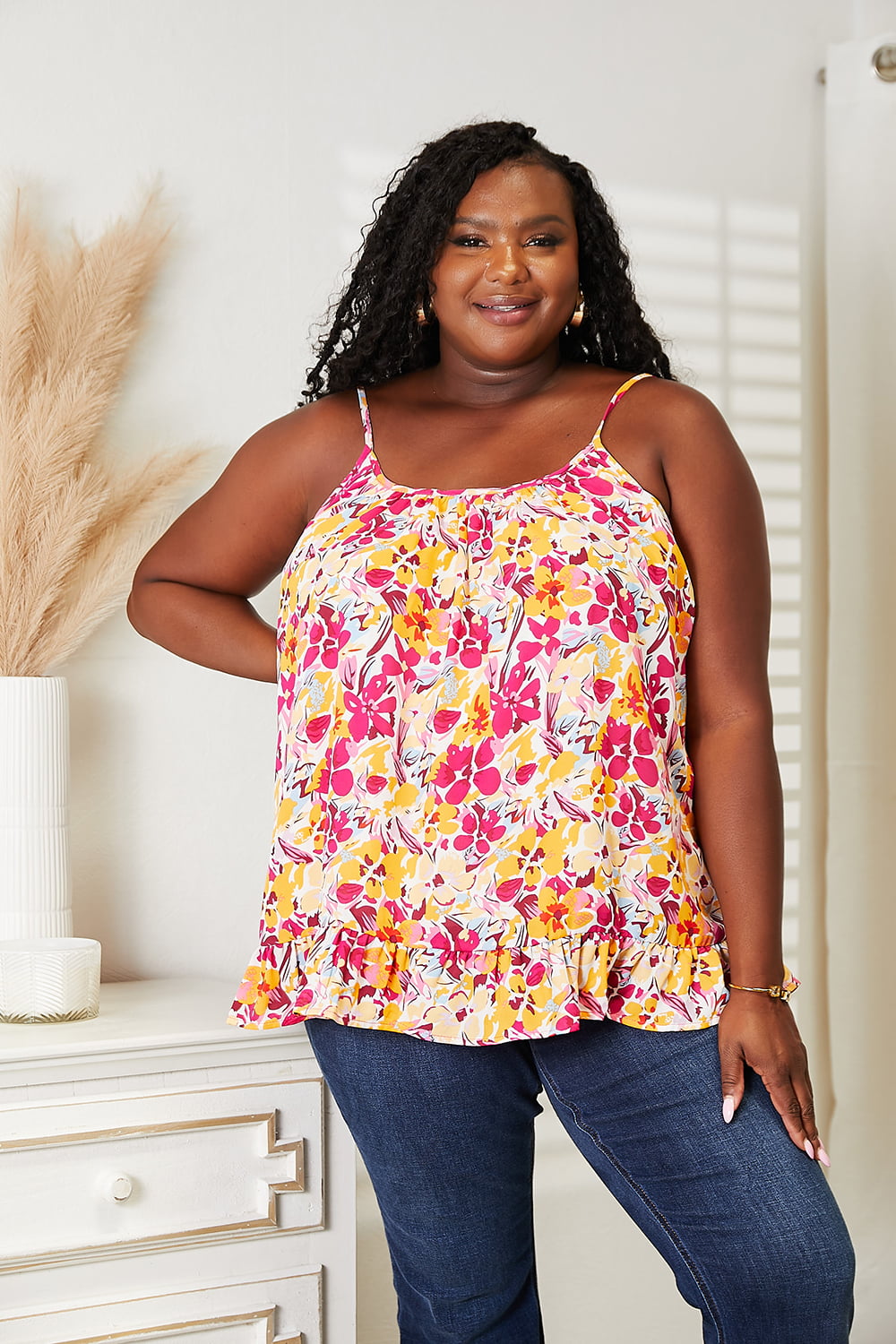 Trendsi Double Take floral scoop neck ruffle hem cami with ruffled edges and floral pattern, perfect for casual wear.