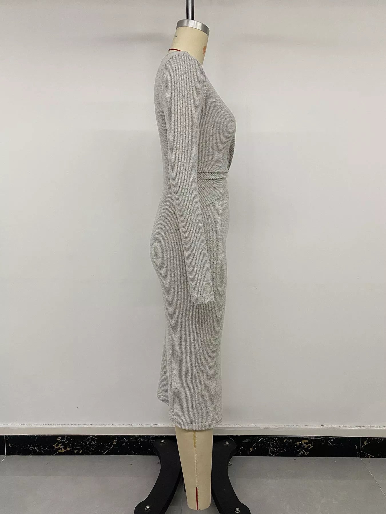 Gray ribbed knit long sleeve midi dress with twist front and side slit, stylish Trendsi women's dress.