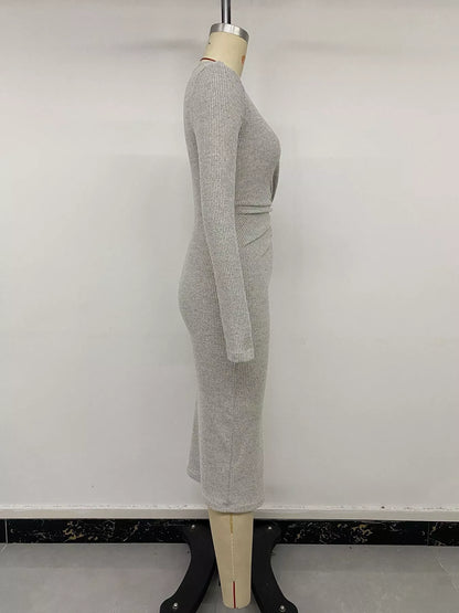 Gray ribbed knit long sleeve midi dress with twist front and side slit, stylish Trendsi women's dress.
