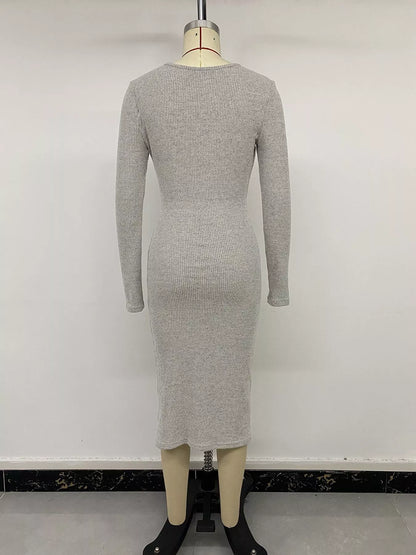 Gray ribbed knit twist front long sleeve midi dress with slit, stylish Trendsi women's dress featuring a fitted silhouette and elegant design.