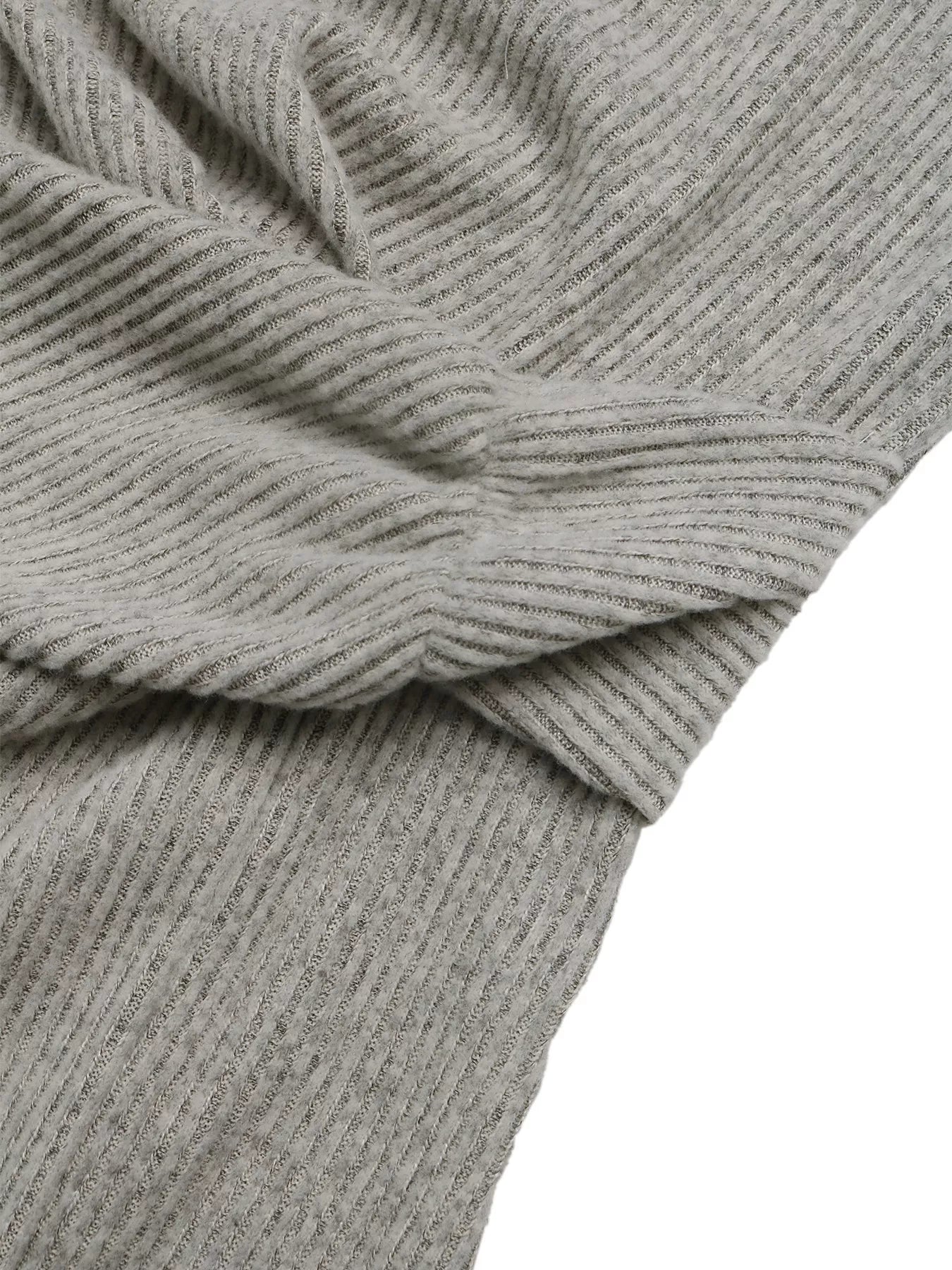 Gray ribbed knit long sleeve midi dress with twist front and side slit, stylish Trendsi women's fashion dress.