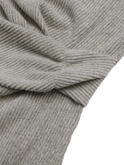 Gray ribbed knit long sleeve midi dress with twist front and side slit, stylish Trendsi women's fashion dress.
