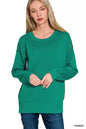 Forest green Zenana round neck sweater with contrast trim, featuring long sleeves and a cozy knit fabric.