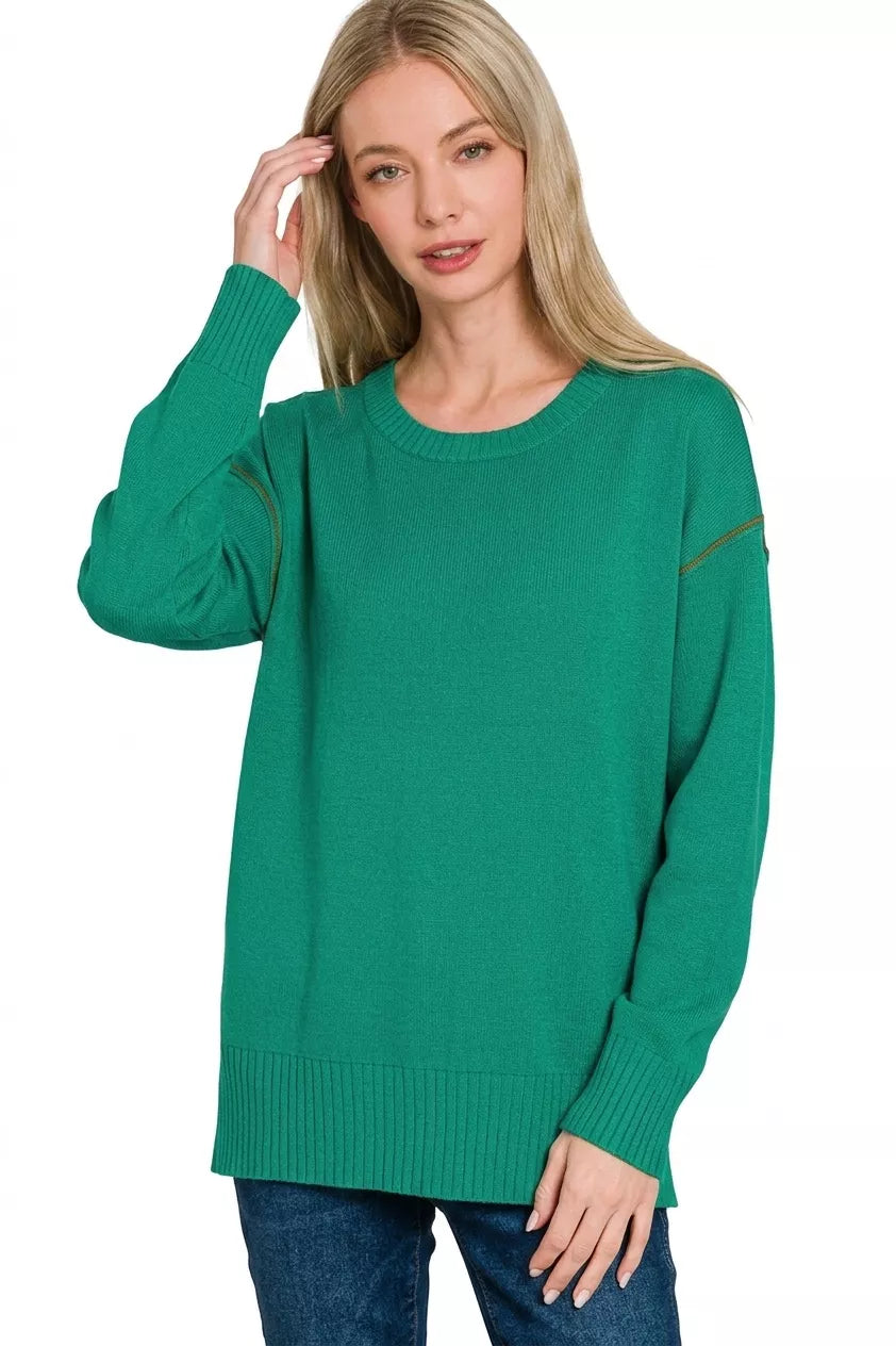 Forest green Zenana round neck sweater with contrast trim, long sleeves, and ribbed cuffs, cozy and stylish for casual wear.