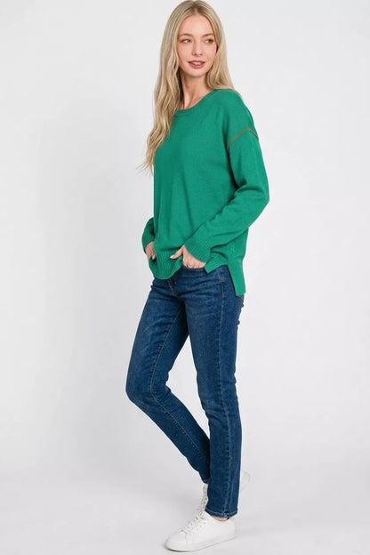 Forest green Zenana round neck sweater with contrast trim, long sleeves, and soft knit fabric for a stylish, cozy look.