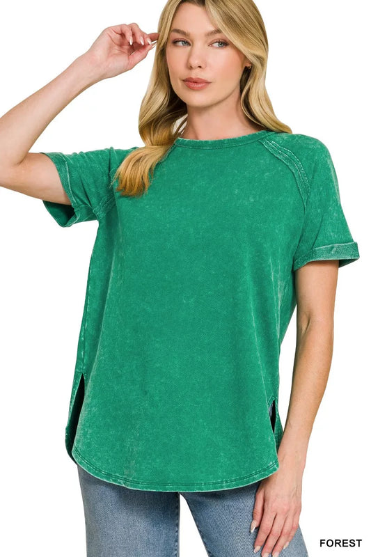 Zenana French Terry Washed Curved Hem Top featuring a relaxed fit and casual style, shown in forest green fabric.