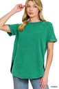 Zenana French Terry Washed Curved Hem Top featuring a relaxed fit and casual style, shown in forest green fabric.