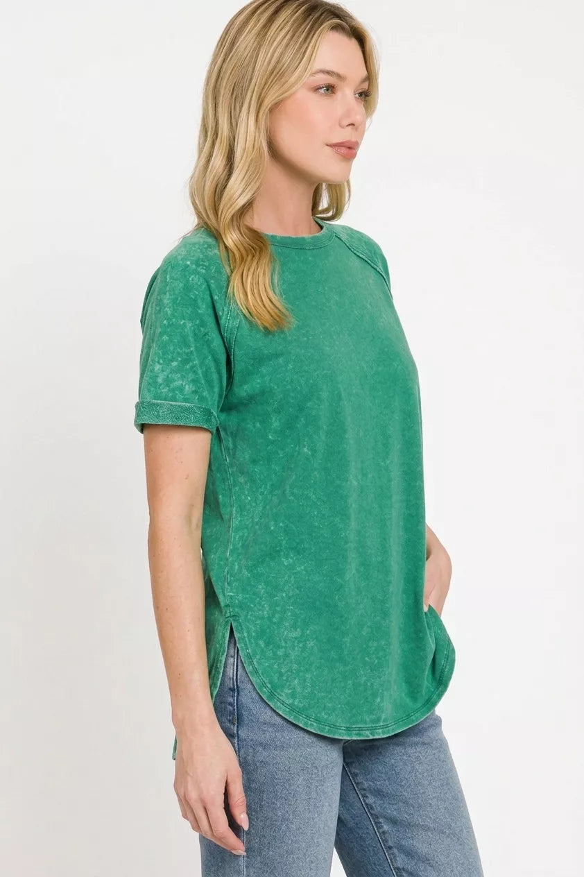 Zenana French Terry Washed Curved Hem Top in forest green, featuring a relaxed fit and stylish curved hem.