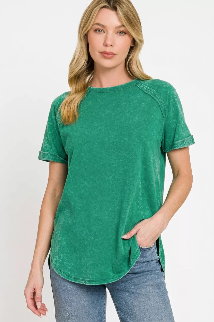 Zenana French Terry Washed Curved Hem Top in forest green, casual long-sleeve shirt with a relaxed fit and rounded hem.
