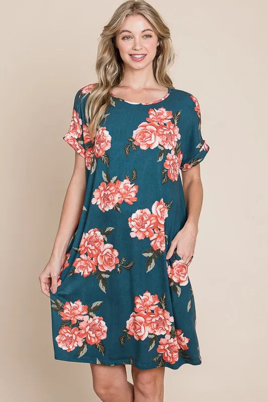 French blue BOMBOM floral round neck short tee dress with pockets, casual short dress by Trendsi, lightweight and comfortable.