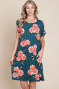 French blue BOMBOM floral round neck short tee dress with pockets, casual short dress by Trendsi, lightweight and comfortable.