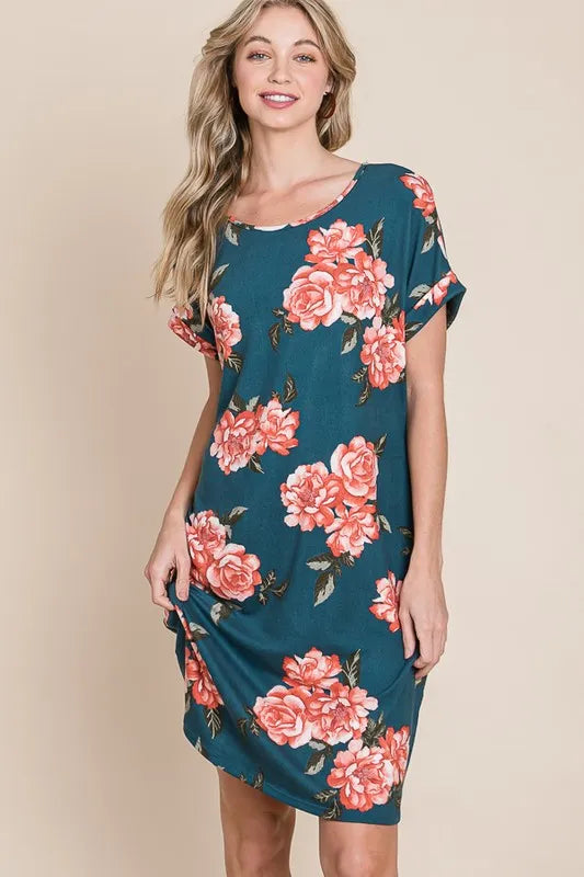 French blue Bombom floral short tee dress with round neck and pockets, casual summer dress by Trendsi.