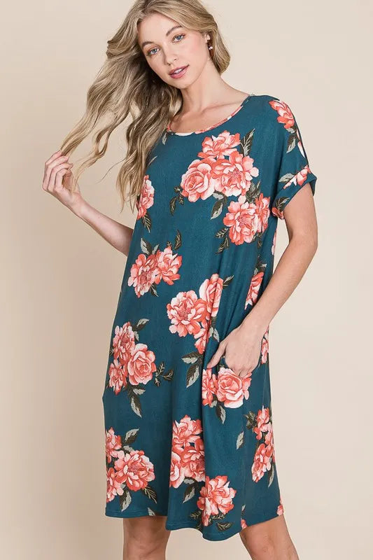 French blue Bombom floral round neck short tee dress with pockets, casual style, lightweight fabric, perfect for warm weather.
