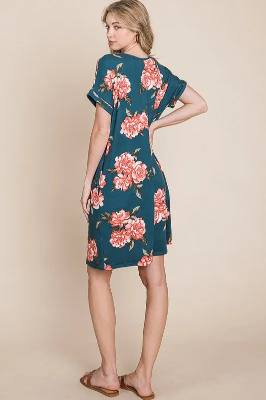 French blue BOMBOM floral round neck short tee dress with pockets by Trendsi, showcasing a casual, comfortable everyday style.