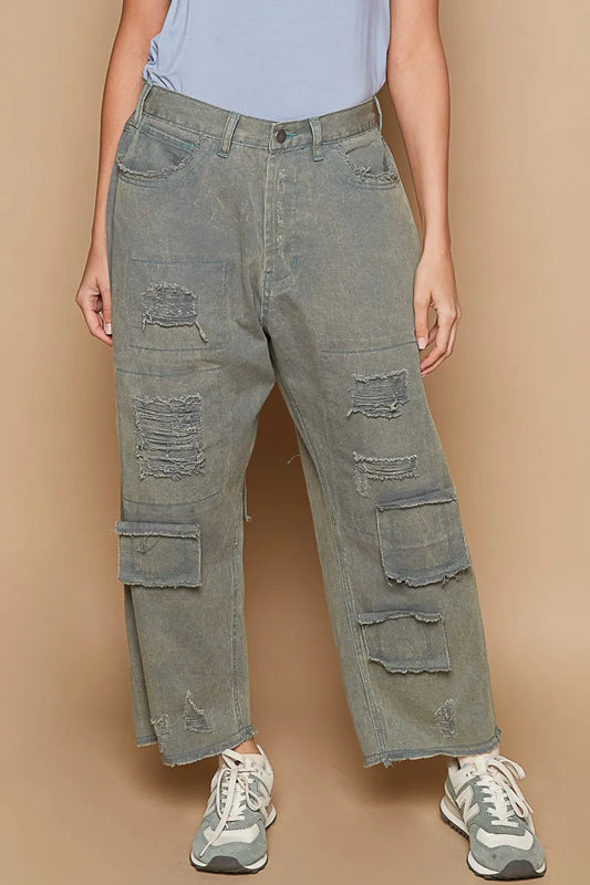 French blue POL distressed raw hem wide-leg pants from Trendsi, featuring a relaxed fit and trendy distressed detailing.