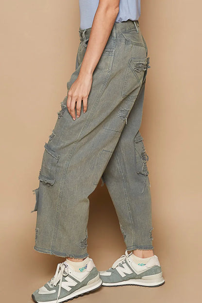 French blue POL distressed raw hem wide leg pants from Trendsi, showcasing their relaxed fit and stylish raw hem detail.