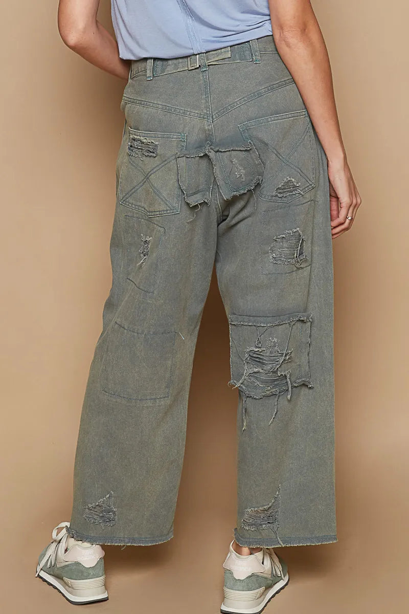 French blue POL distressed raw hem wide-leg pants by Trendsi, featuring a relaxed fit and casual, fashionable style.