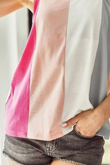 Fuchsia peach and cream color block BiBi cotton span ruffle band shoulder tank top by Trendsi, casual and stylish summerwear