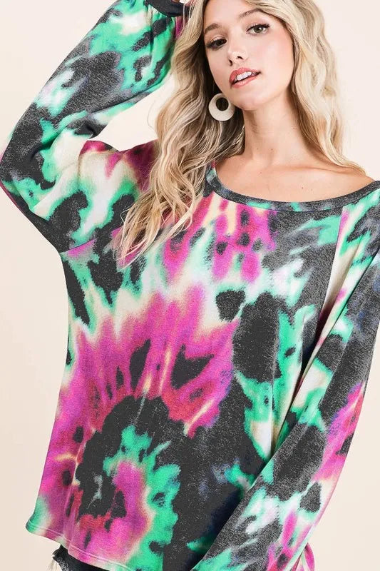 Fuchsia and charcoal tie dye print terry top with puff sleeves, trendy women's fashion by Trendsi