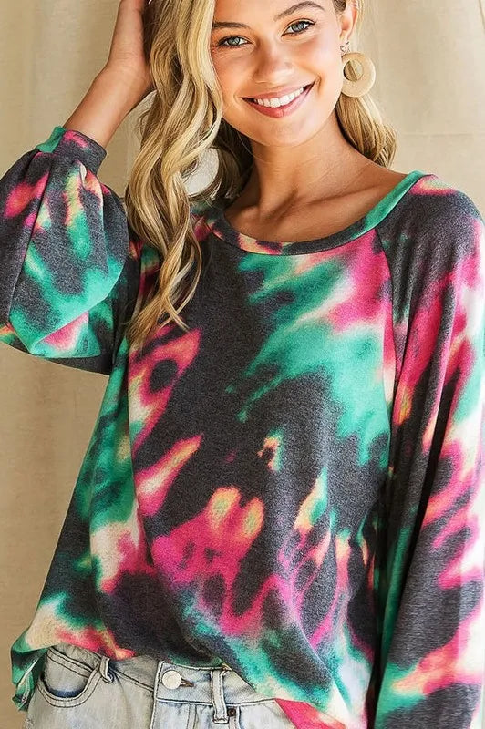 Fuchsia and charcoal tie-dye terry top with puff sleeves, stylish women's blouse from Trendsi featuring vibrant print and cozy fabric.
