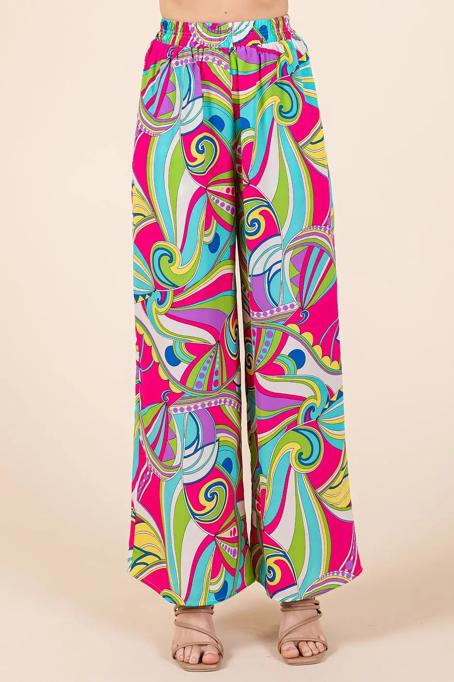 Fuchsia multi abstract print elastic waist wide-leg pants by Mittoshop, featuring flowy fabric and stylish design.