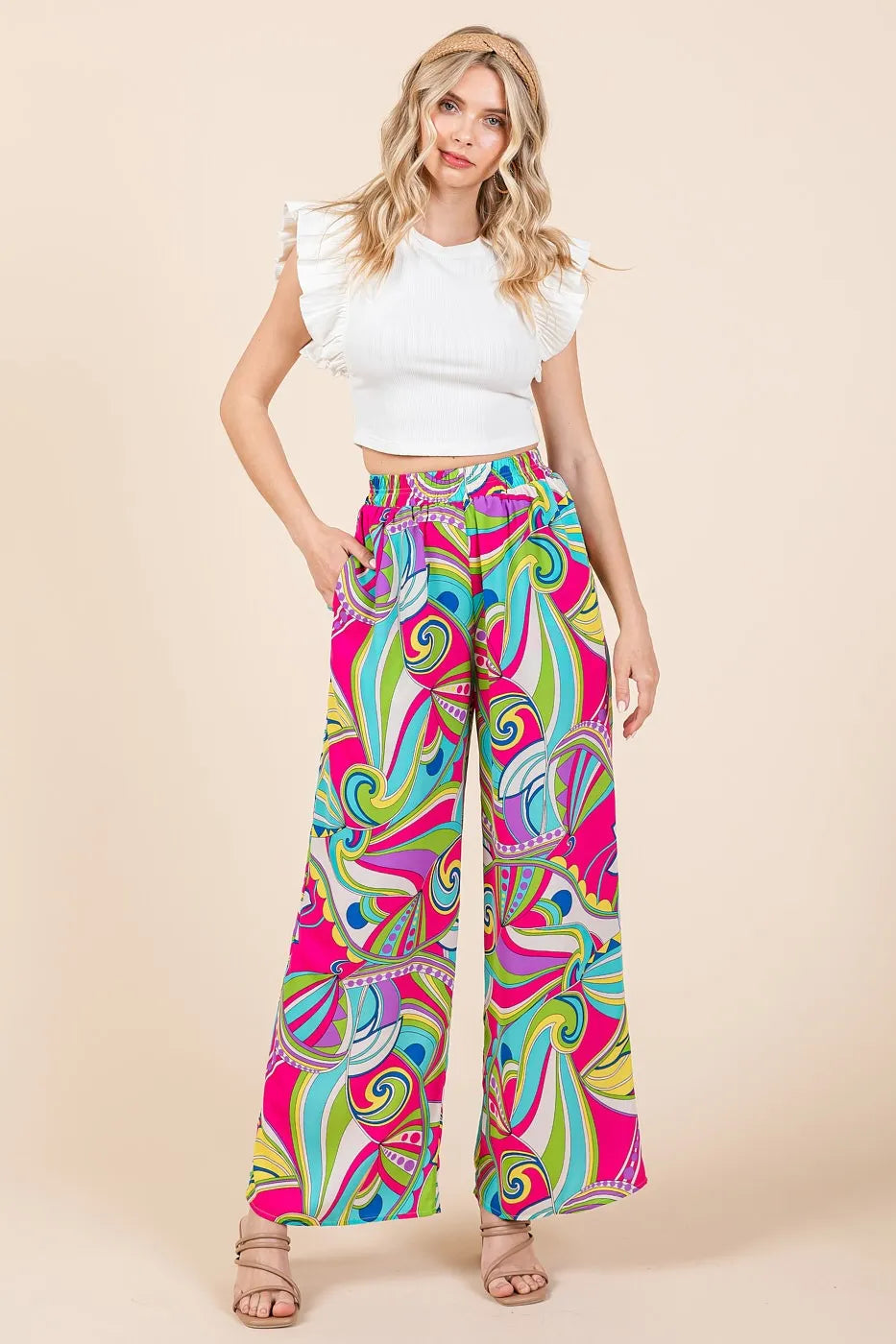 Fuchsia abstract print elastic waist wide-leg pants by Mittoshop, casual and stylish, with flowing wide-leg design and vibrant pattern.