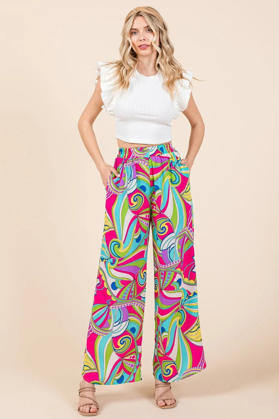 Fuchsia multicolor abstract print elastic waist wide-leg pants by Mittoshop, featuring a relaxed fit and comfortable fabric.