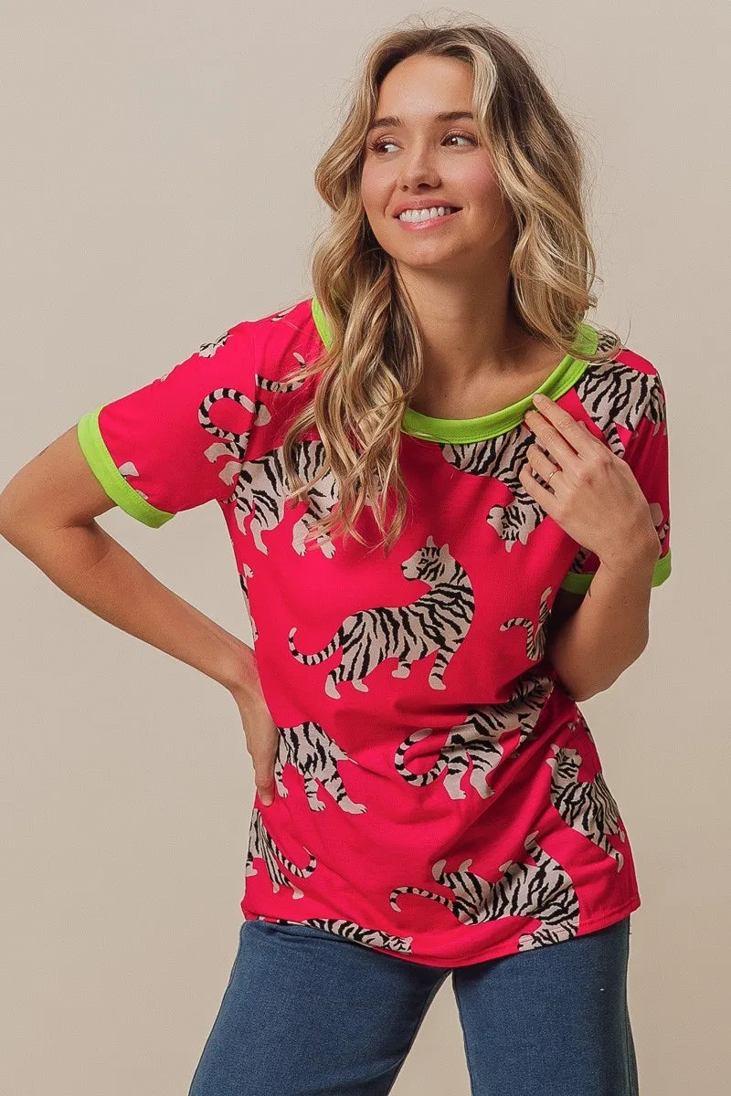 Fuchsia and green BiBi Big Tiger print jersey contrast ringer top by Trendsi, showcasing bold tiger design and color-blocked neckline.