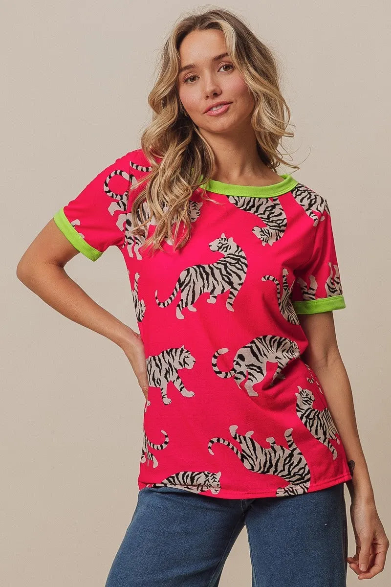 Fuchsia and green BiBi Big Tiger print jersey contrast ringer top by Trendsi, featuring bold tiger print and color-blocked design.