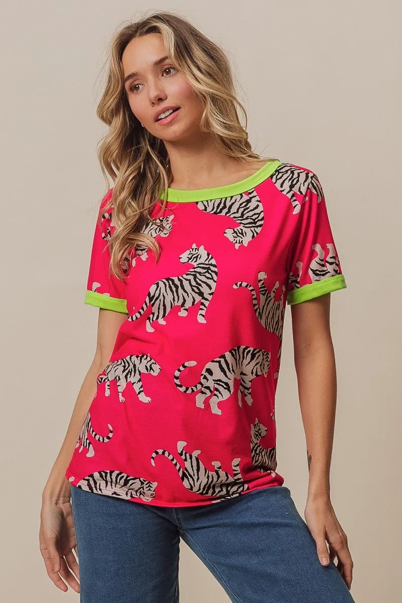 Fuchsia and green BiBi Big Tiger print jersey contrast ringer top by Trendsi, featuring bold tiger print and sporty neckline.