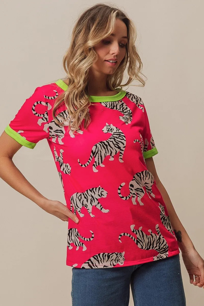 Fuchsia and green BiBi Big Tiger print jersey contrast ringer top by Trendsi with bold tiger pattern and color-block design.