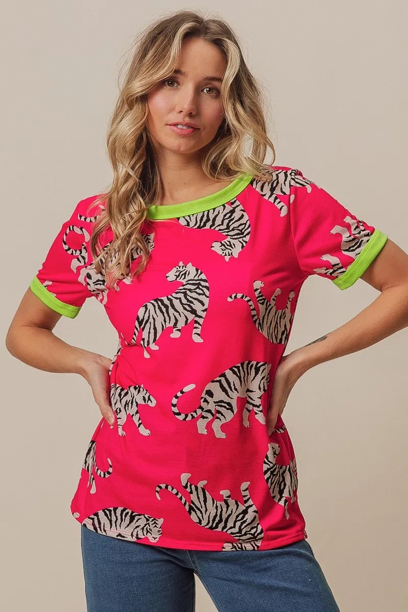 Fuchsia and green BiBi Big Tiger print jersey contrast ringer top by Trendsi with bold tiger pattern and color-blocked design.
