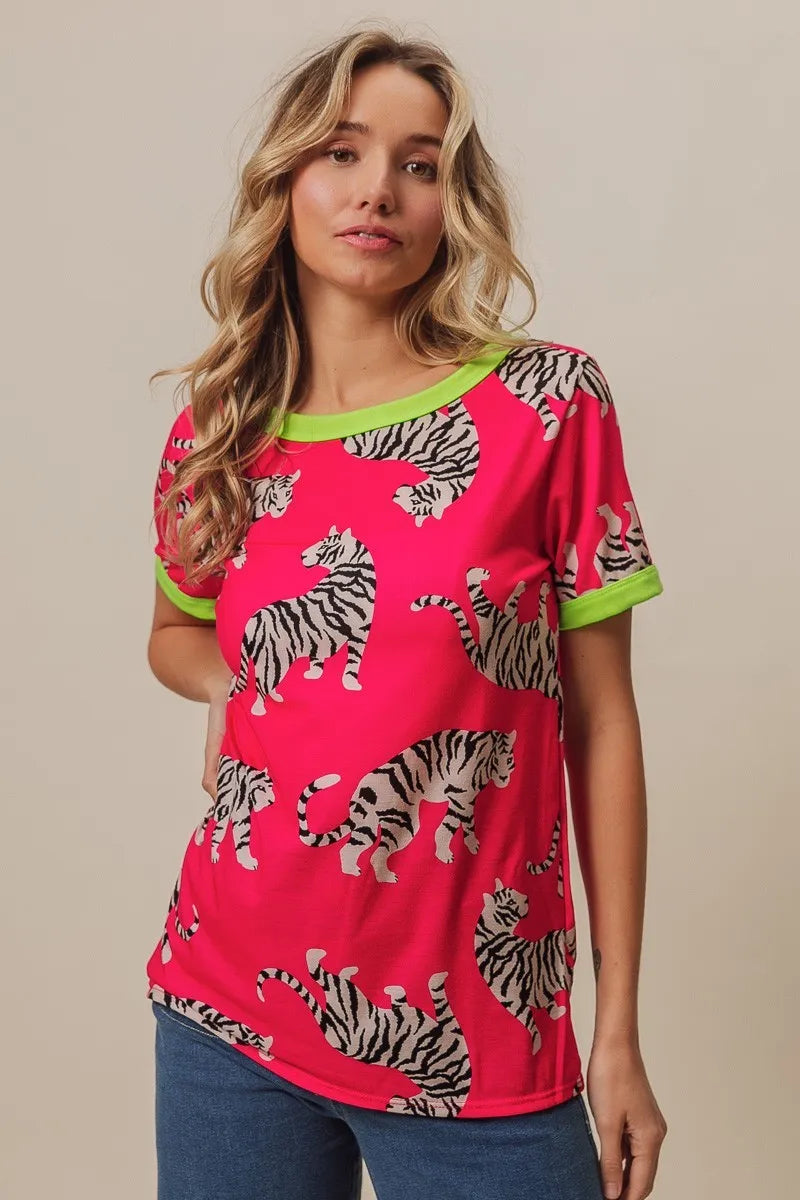 Fuchsia and green BiBi Big Tiger print jersey contrast ringer top by Trendsi, featuring bold tiger print and color-block design.