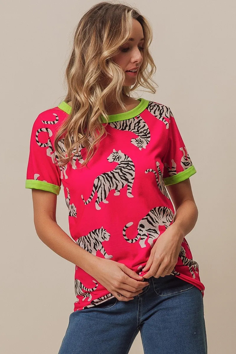 Fuchsia and green BiBi Big Tiger Print Jersey Contrast Ringer Top by Trendsi, featuring bold tiger print and color-blocked design.