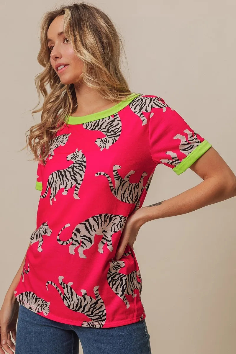 Fuchsia and green BiBi Big Tiger print jersey contrast ringer top by Trendsi, featuring bold tiger pattern and sporty neckline.