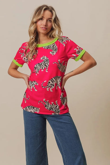 Fuchsia and green tiger print jersey ringer top by Trendsi with contrasting trim and relaxed fit.