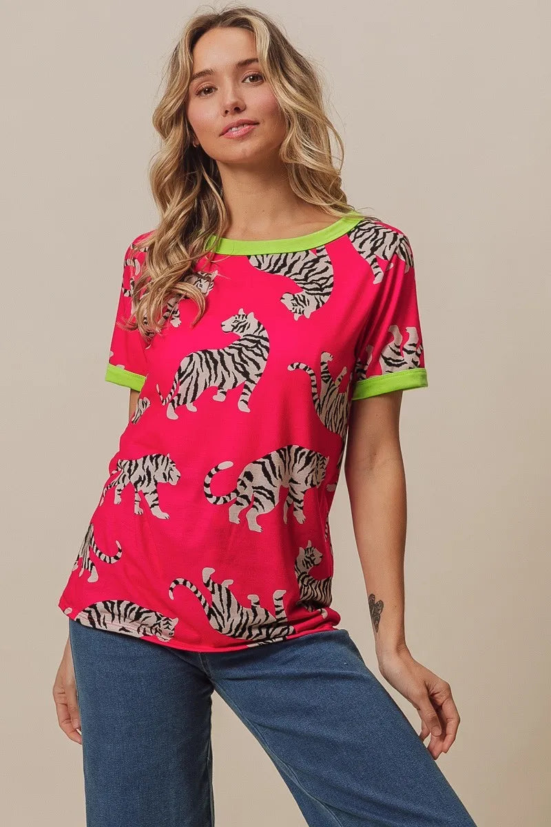 Fuchsia and green BiBi Big Tiger Print Jersey Contrast Ringer Top by Trendsi, featuring bold tiger print and contrasting neckline.