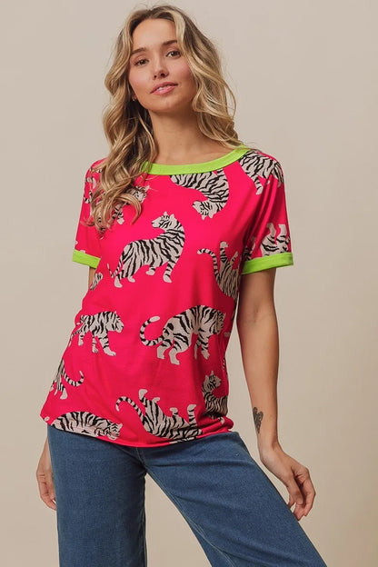 Fuchsia and green BiBi Big Tiger Print Jersey Contrast Ringer Top by Trendsi, featuring bold tiger print and contrasting neckline.