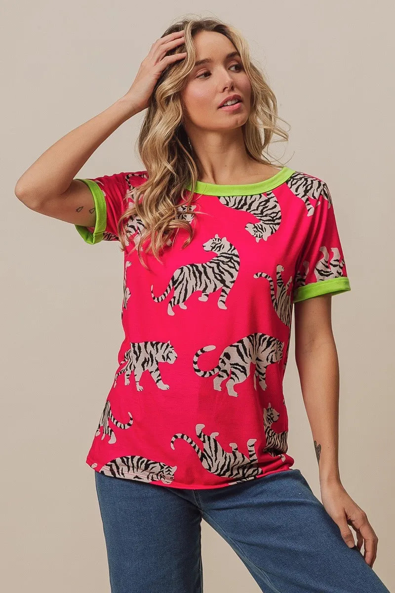 Fuchsia and green BiBi Big Tiger Print Jersey Contrast Ringer Top by Trendsi featuring bold tiger print and contrasting neckline.