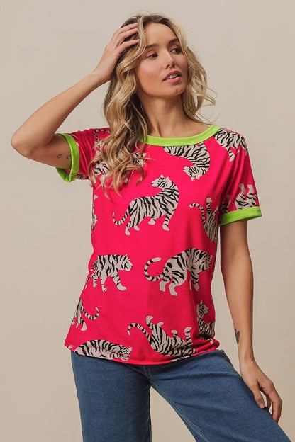 Fuchsia and green BiBi Big Tiger Print Jersey Contrast Ringer Top by Trendsi featuring bold tiger print and contrasting neckline.