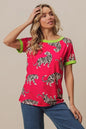 Fuchsia and green BiBi Big Tiger Print Jersey Contrast Ringer Top by Trendsi featuring bold tiger print and contrasting neckline.