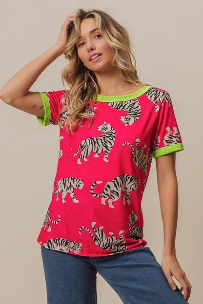 Fuchsia and green BiBi Big Tiger Print Jersey Contrast Ringer Top from Trendsi featuring bold tiger print and contrast neckline.