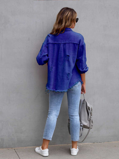 Fuchsia pink distressed drop shoulder denim jacket from Trendsi, featuring a casual, oversized fit and distressed details.
