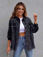 Fuchsia pink distressed drop shoulder denim jacket by Trendsi, featuring a casual fit and stylish worn-in look.
