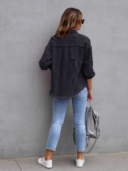 Fuchsia pink distressed drop shoulder denim jacket from Trendsi, featuring a casual relaxed fit and distressed detailing.