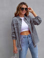 Fuchsia pink distressed drop shoulder denim jacket by Trendsi, featuring a relaxed fit and worn-in style.