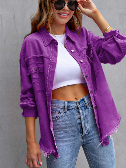 Fuchsia pink distressed drop shoulder denim jacket by Trendsi, casual style with frayed details and relaxed fit.