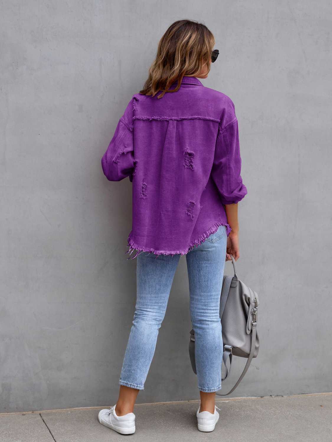 Fuchsia pink distressed drop shoulder denim jacket by Trendsi with frayed edges and relaxed fit, casual fashion outerwear.